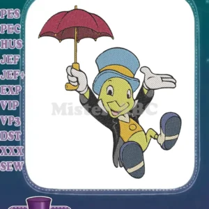 A vibrant embroidery of Jiminy Cricket, the classic character, happily holding a red umbrella, ready for any adventure.