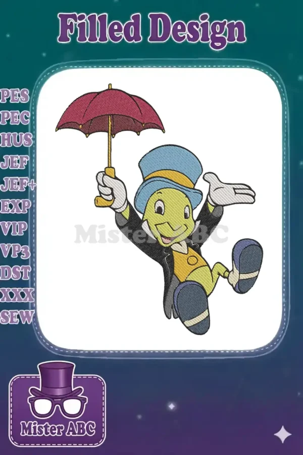 A vibrant embroidery of Jiminy Cricket, the classic character, happily holding a red umbrella, ready for any adventure.