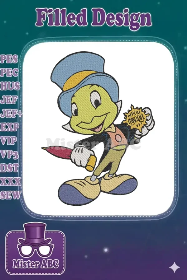 Detailed embroidery of Jiminy Cricket, smiling, wearing a top hat, holding a red umbrella and his 'Official Conscience' badge.