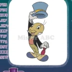 Happy Jiminy Cricket character raising blue top hat embroidery designs - Instant Download