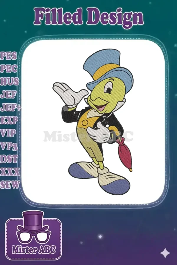 A vibrant embroidery design featuring Jiminy Cricket from Disney's Pinocchio, standing with a cheerful wave and umbrella.