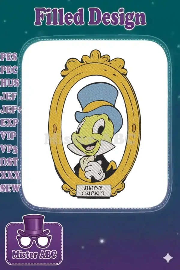 Jiminy Cricket, Disney's conscience, smiling in an ornate golden frame with his name below, a vibrant embroidery design.