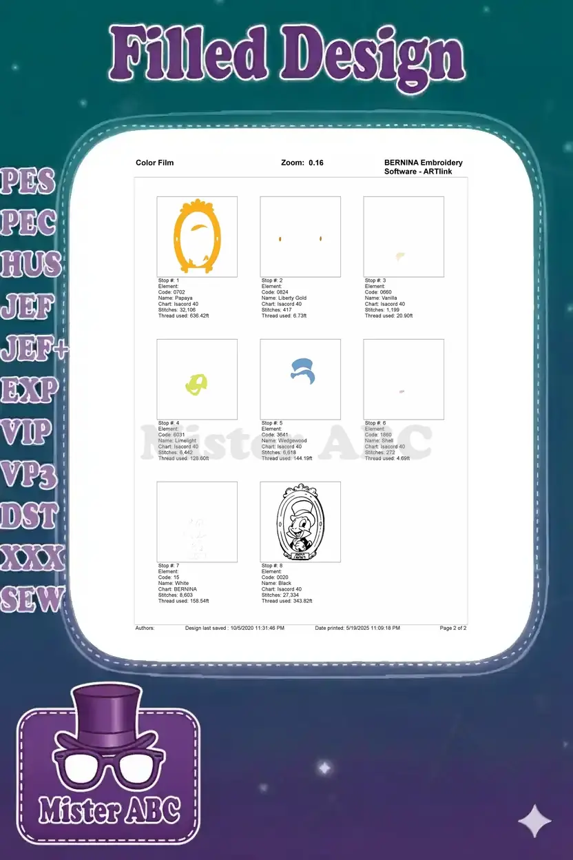 Color film breakdown of the Jiminy Cricket embroidery design, showing each stitch element and color sequence.