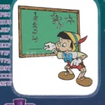 Pinocchio learning numbers on blackboard embroidery designs - Instant Download
