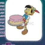 Pinocchio holding pink frosted cake embroidery designs for celebration - Instant Download