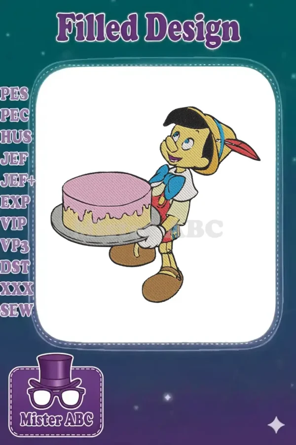 Pinocchio embroidery design, bright and cheerful, holding a pink frosted cake on a silver platter, looking up.