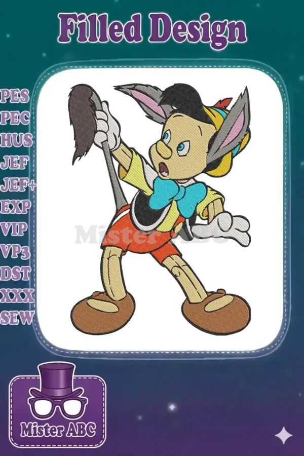 Vibrant embroidery design of Pinocchio with donkey ears, wide-eyed and surprised, holding a broom in action.