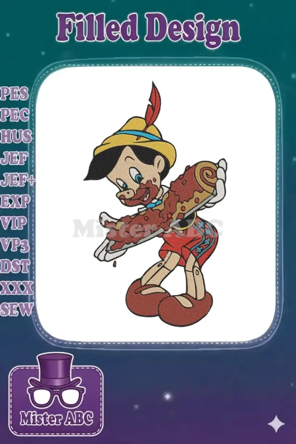 Full-color embroidery design of Pinocchio joyfully covered in chocolate, featuring a hat with a feather and red shorts.