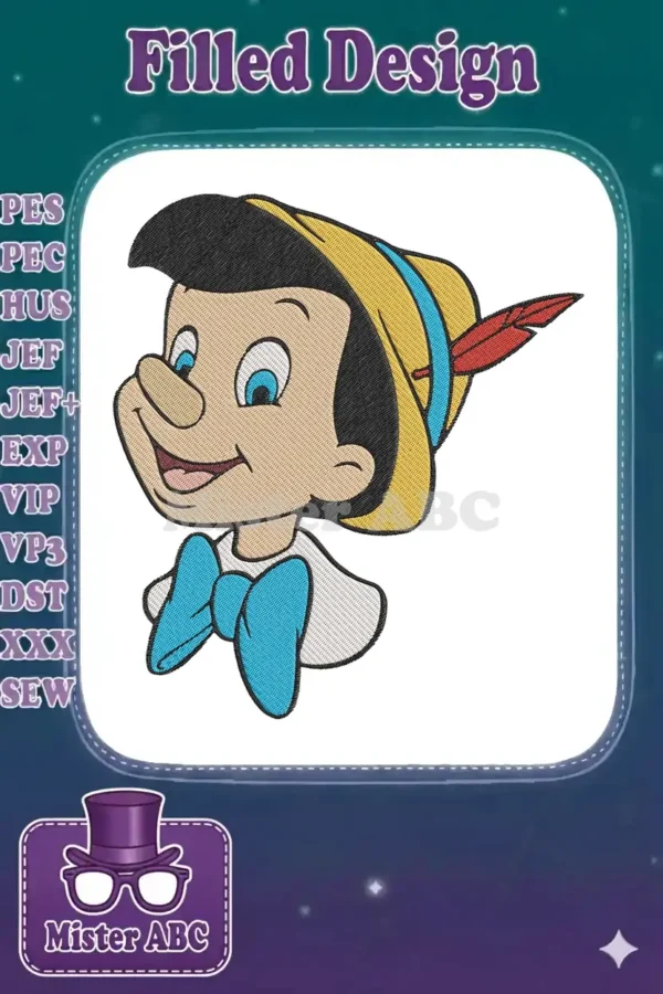 Close-up embroidery of Pinocchio's smiling face, wearing a yellow hat with a red feather and a blue bow tie.