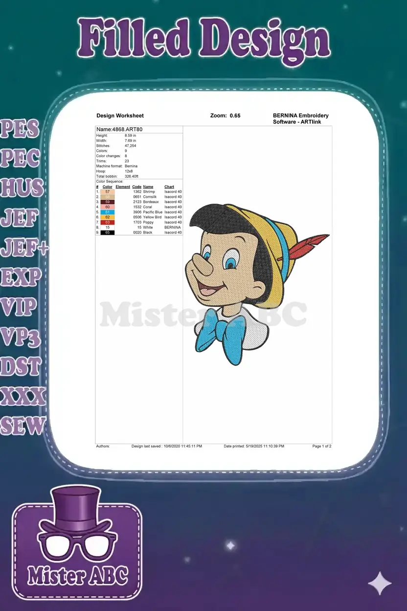 Embroidery design worksheet for Pinocchio, showing dimensions, stitch count, color sequence, and thread details.