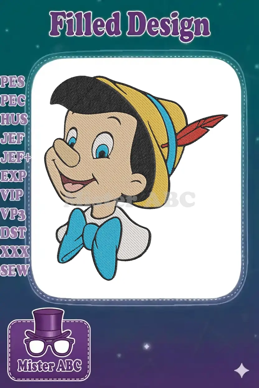 Close-up embroidery of Pinocchio's smiling face, wearing a yellow hat with a red feather and a blue bow tie.