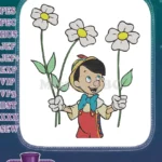 Happy Pinocchio holding white daisy flowers children's embroidery designs - Instant Download