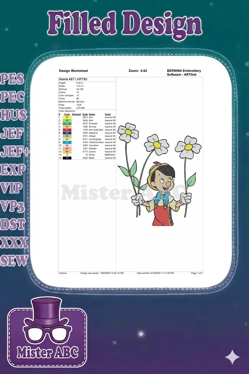 Embroidery design worksheet showing Pinocchio with daisies, detailing dimensions, stitch count, and color sequence.