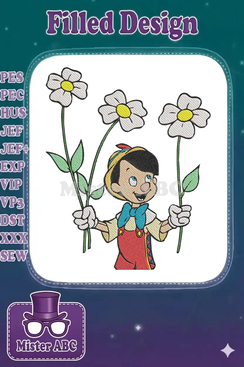 Pinocchio embroidery design, a cheerful wooden puppet character holding three white daisies with yellow centers.