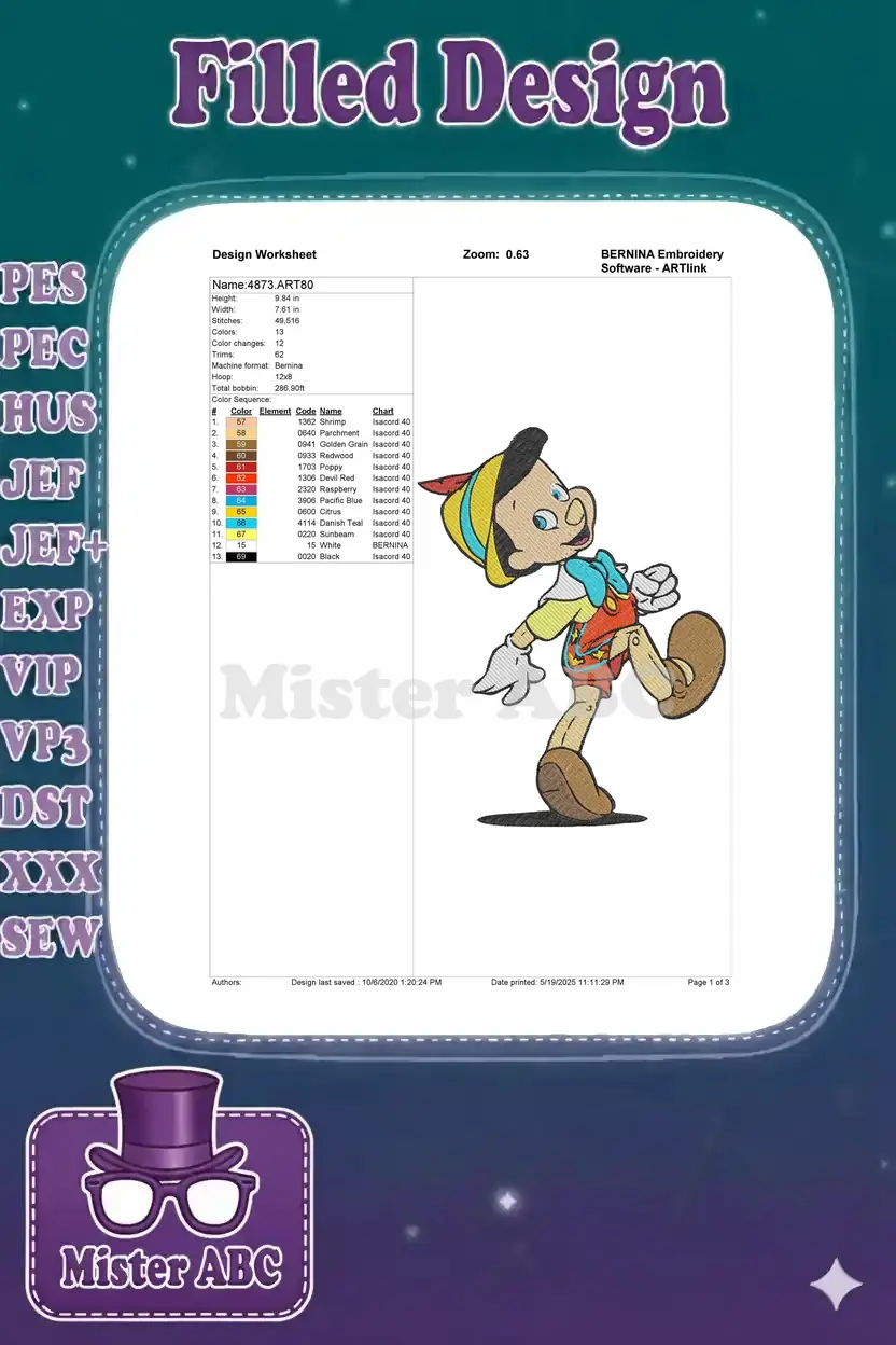 Detailed embroidery design worksheet for Pinocchio, showing dimensions, stitch count, color sequence, and thread chart.