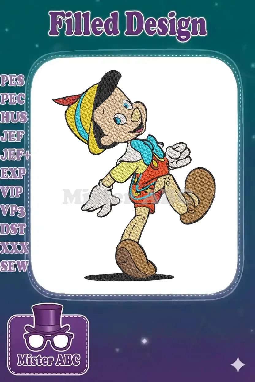 Vibrant Pinocchio embroidery design, full-color, captured in a dynamic walking pose, perfect for children's items.