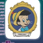 Disney Pinocchio smiling character in golden frame embroidery designs - Instant Download
