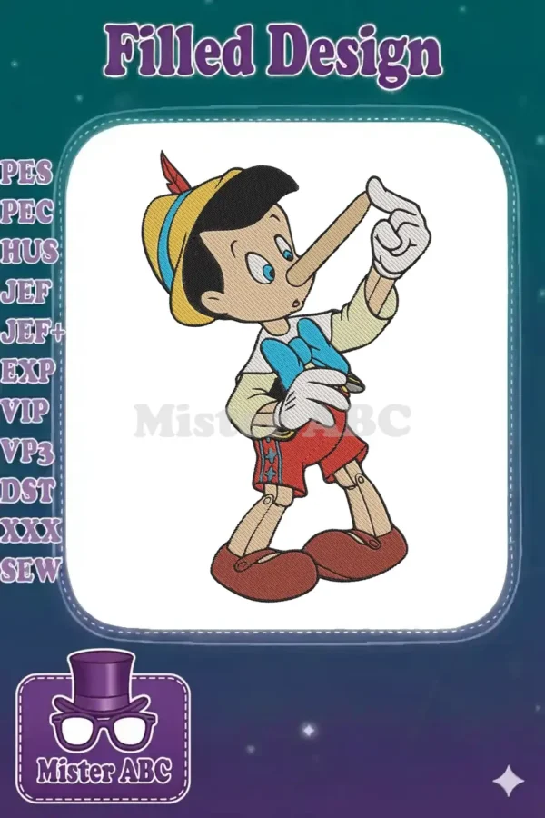 Pinocchio character embroidery design with a long nose, looking surprised and pointing, featuring satin and fill stitches.