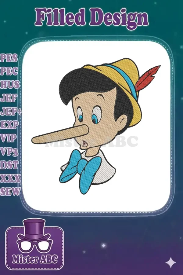 Detailed embroidery of Pinocchio's head with his famously long nose, wide eyes, and iconic hat and bow tie.