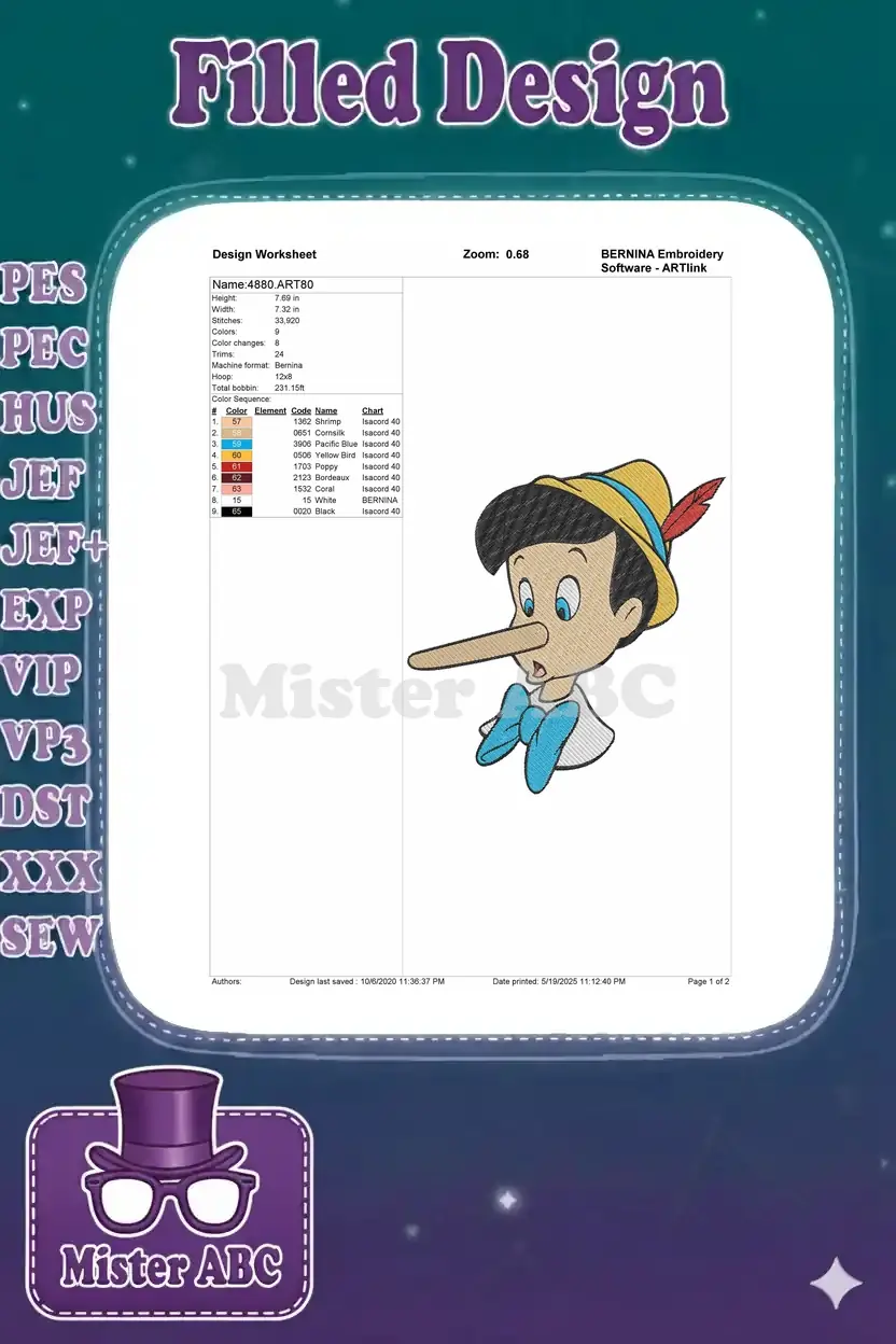 Pinocchio embroidery design worksheet displaying dimensions, stitch count, color changes, and thread details.