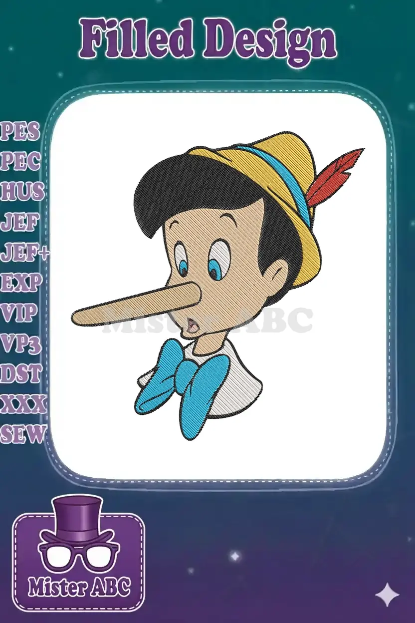 Detailed embroidery of Pinocchio's head with his famously long nose, wide eyes, and iconic hat and bow tie.