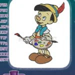 Pinocchio the Painter Embroidery Designs with Colorful Palette and Brush - Instant Download