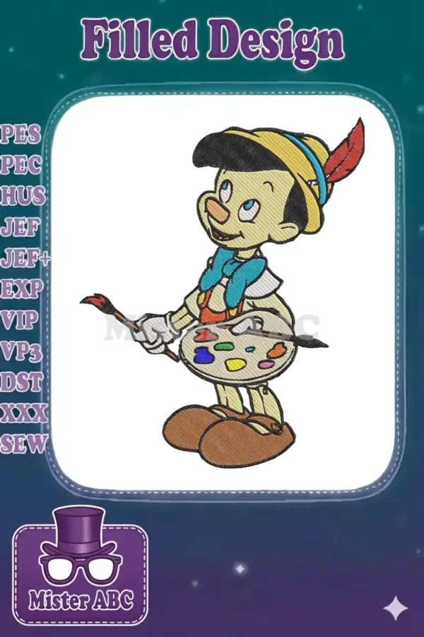 Vibrant embroidery design featuring Pinocchio as an artist, holding a paintbrush and a colorful paint palette.
