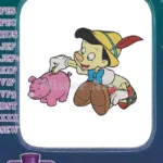 Pinocchio putting gold coin into pink piggy bank embroidery designs - Instant Download