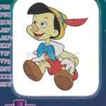 Cheerful Pinocchio classic cartoon boy embroidery designs with red feather hat - Instant Download