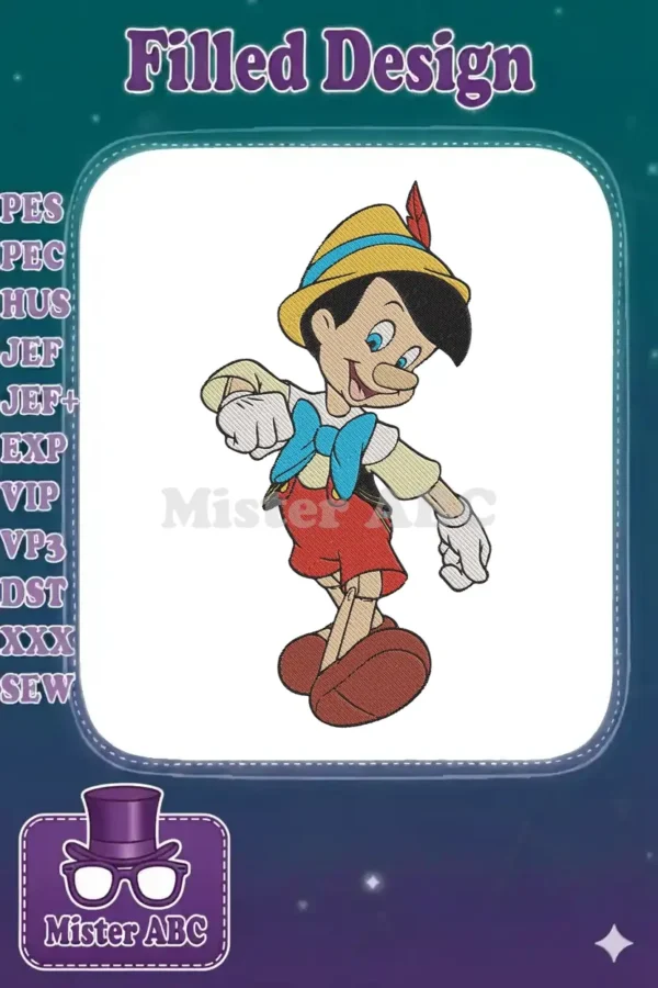 A full-color, detailed embroidery design of Pinocchio, standing dynamically with a happy expression on a white background.