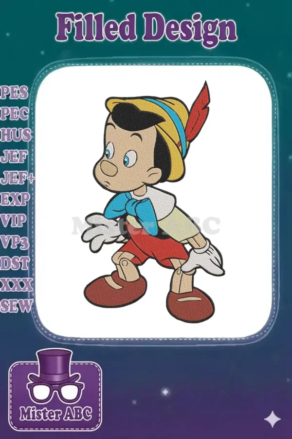Classic Pinocchio embroidery design, featuring his iconic hat, blue bow, and red shorts, ready for your next project.