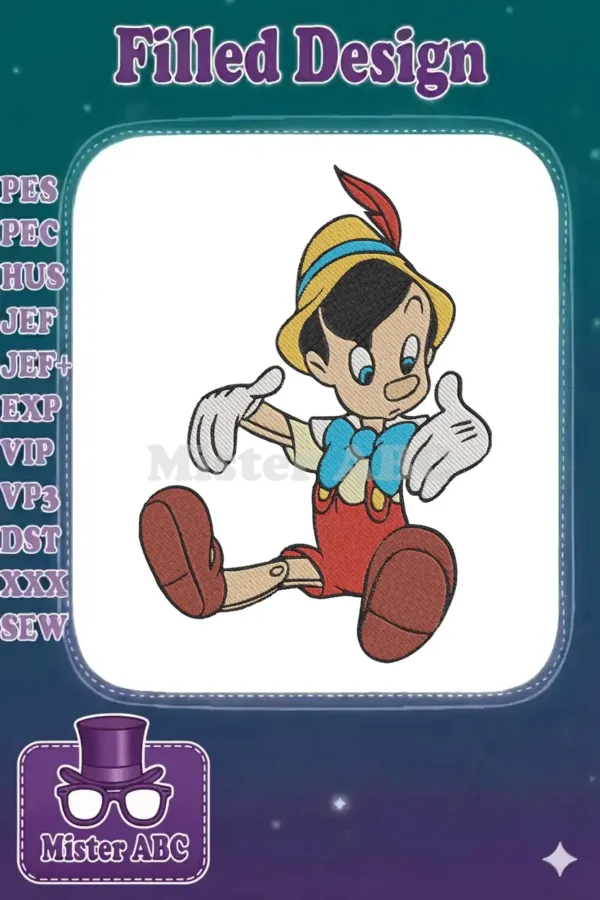 A vibrant embroidery design of Pinocchio, the classic wooden puppet, sitting with arms outstretched, featuring detailed fill stitches.