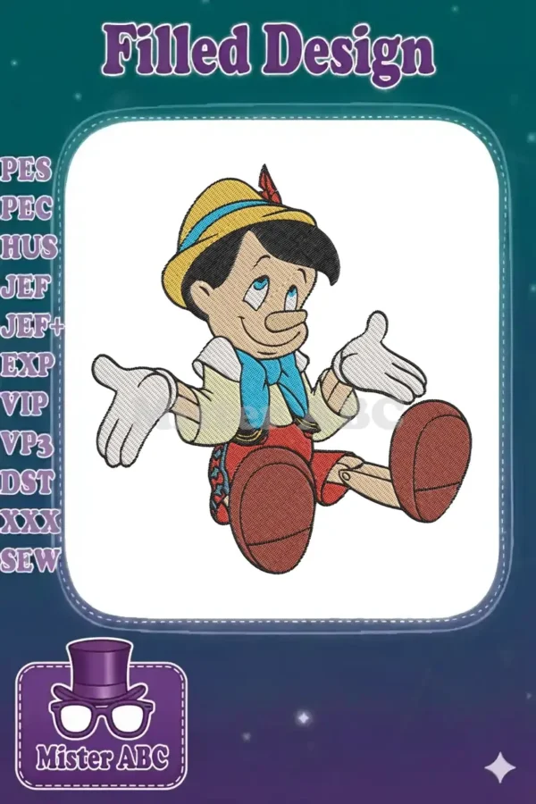 A vibrant embroidery design of Pinocchio, seated with hands open, featuring detailed full-fill stitching and classic colors.