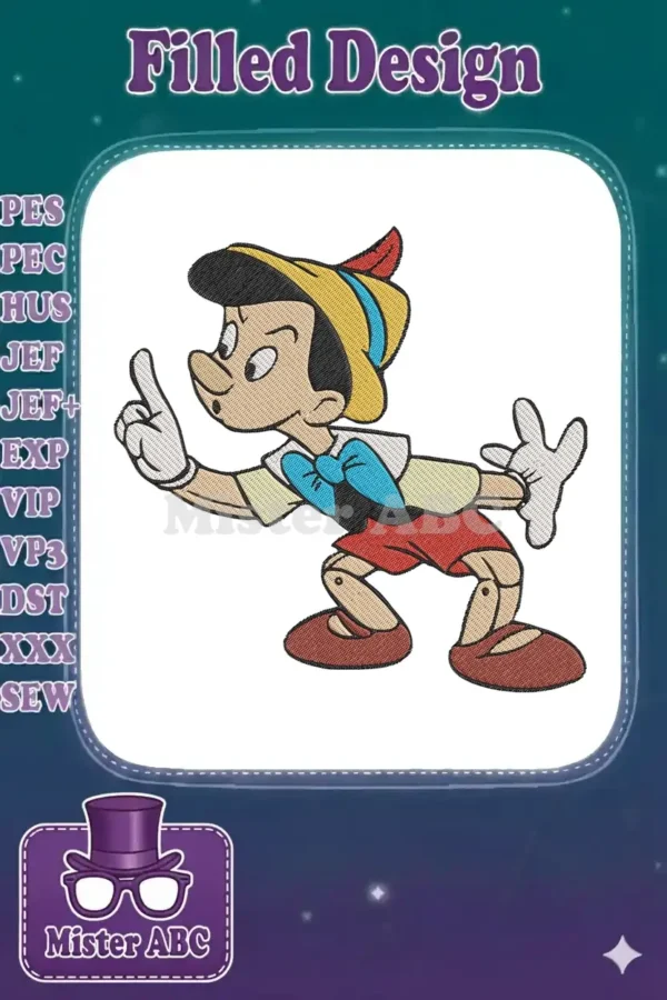Detailed Pinocchio embroidery design, featuring his iconic hat, red shorts, and pointing gesture, ready for digital stitching.