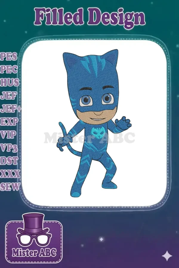 A vibrant embroidery design of Catboy from PJ Masks, showcasing his iconic blue suit, mask, and energetic pose. Perfect for apparel.