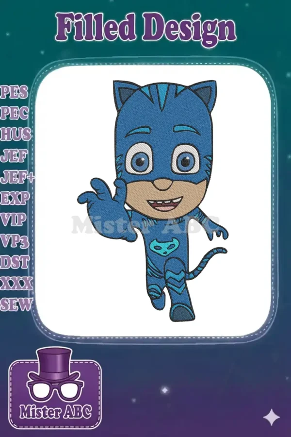 Vibrant Catboy applique embroidery design from PJ Masks, featuring the blue hero waving with intricate stitch detail.
