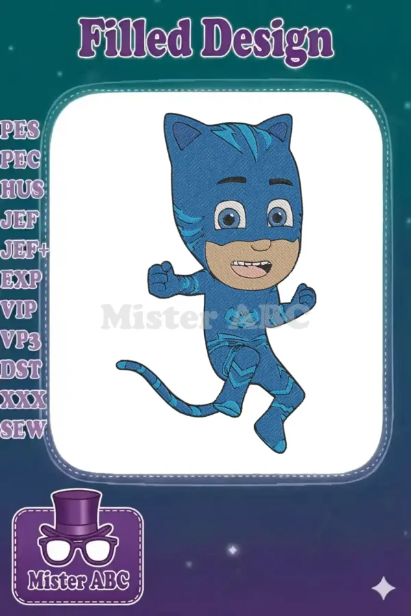 Vibrant Catboy embroidery design from PJ Masks, showcasing his iconic blue suit and dynamic action pose, ready for adventure.