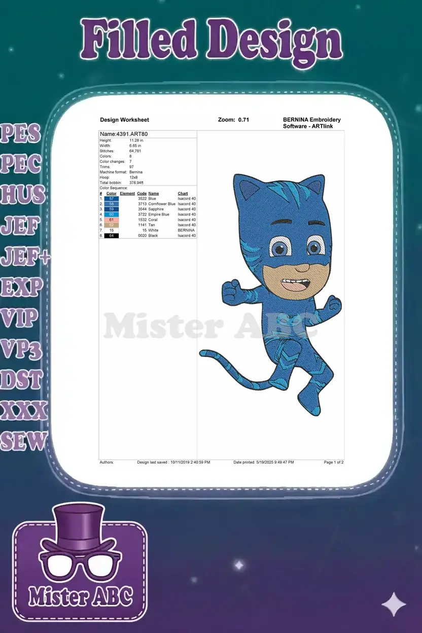 Detailed embroidery design worksheet for Catboy, showing dimensions, stitch count, color sequence, and thread chart.