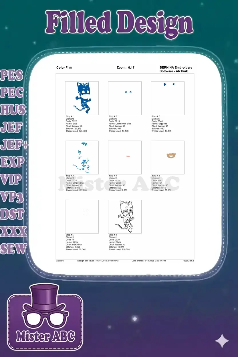Color film breakdown of the Catboy embroidery design, illustrating each thread color stop and its individual stitch elements.