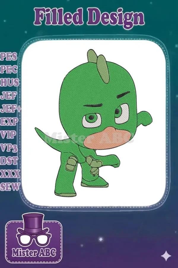 Close-up of Gekko from PJ Masks, a vibrant green embroidery design with detailed satin and fill stitches.