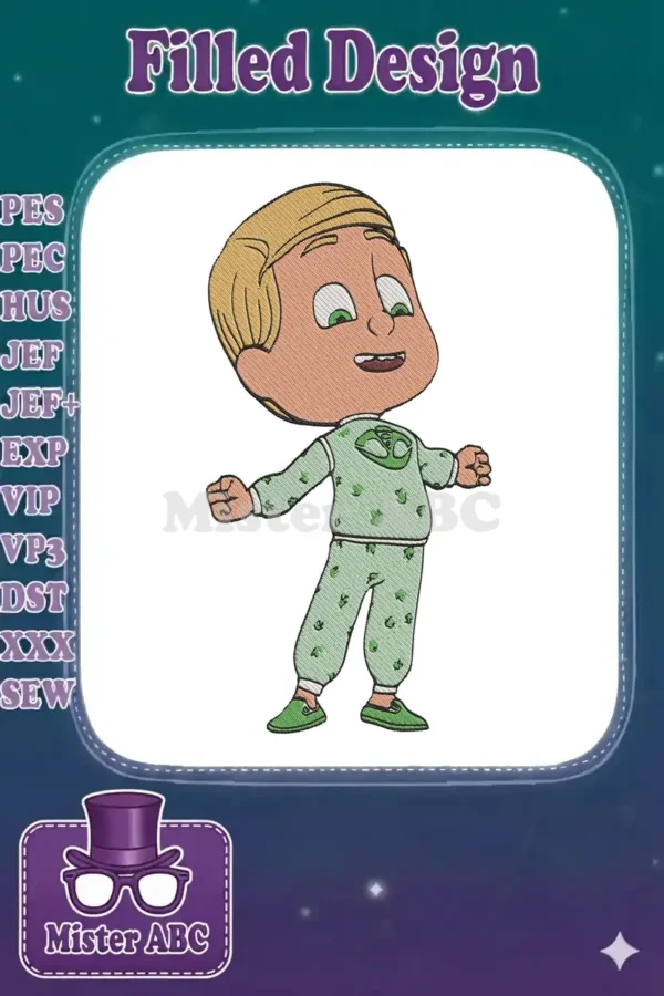 A vibrant machine embroidery design of Gekko from PJ Masks, smiling in his green pajamas with chameleon patterns.