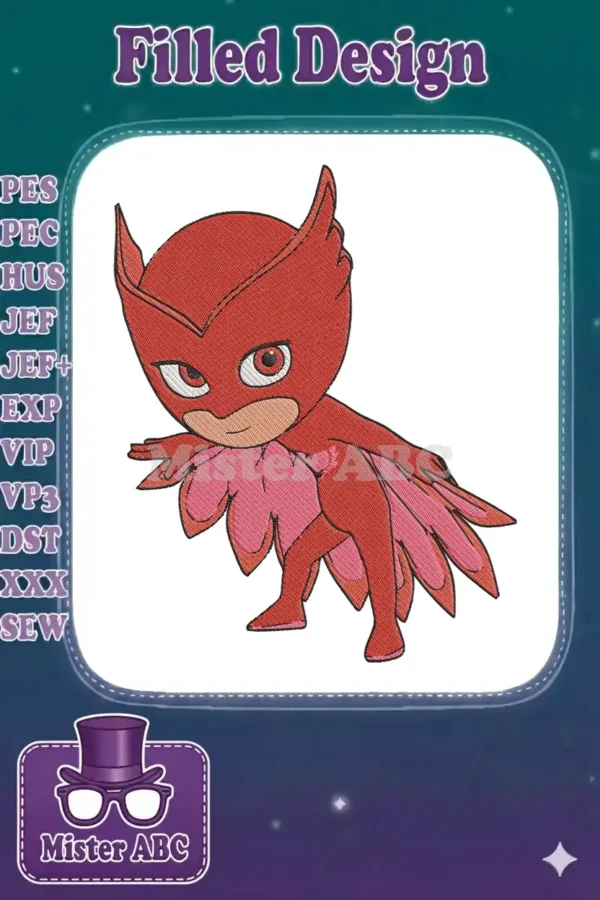 Dynamic embroidery design of Owlette from PJ Masks, featuring her iconic red suit and pink wings, ready for action.