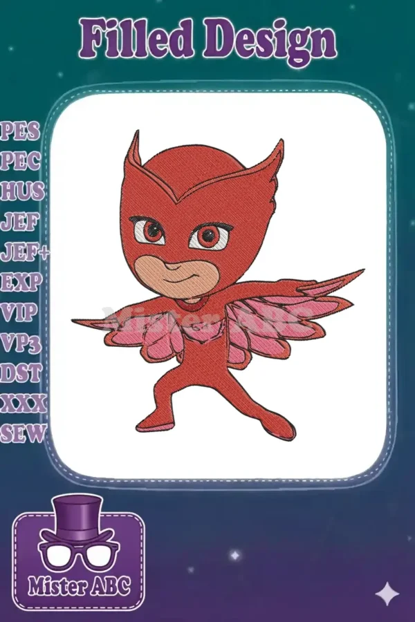 A detailed embroidery design of Owlette from PJ Masks, featuring her iconic red suit, wings, and determined pose.