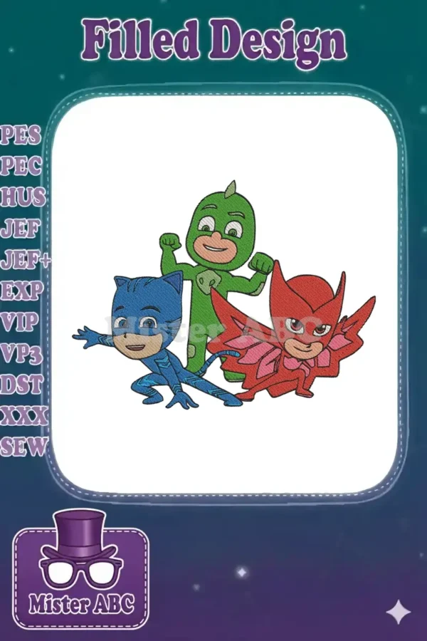High-quality embroidery design featuring Catboy, Gekko, and Owlette from PJ Masks, ready for your creative projects.