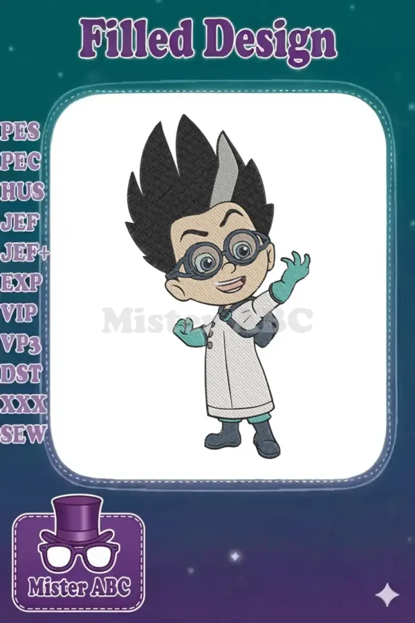 A vibrant embroidery design of Romeo from PJ Masks, featuring his lab coat, goggles, and spiky hair, ready for action.