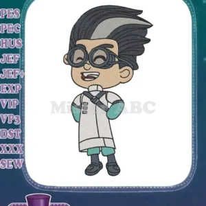 A cheerful digital embroidery of Newton Star from PJ Masks, featuring his lab coat, glasses, and signature hair.