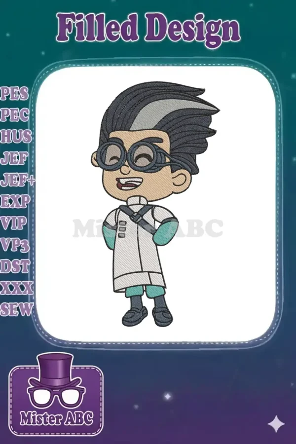 A cheerful digital embroidery of Newton Star from PJ Masks, featuring his lab coat, glasses, and signature hair.