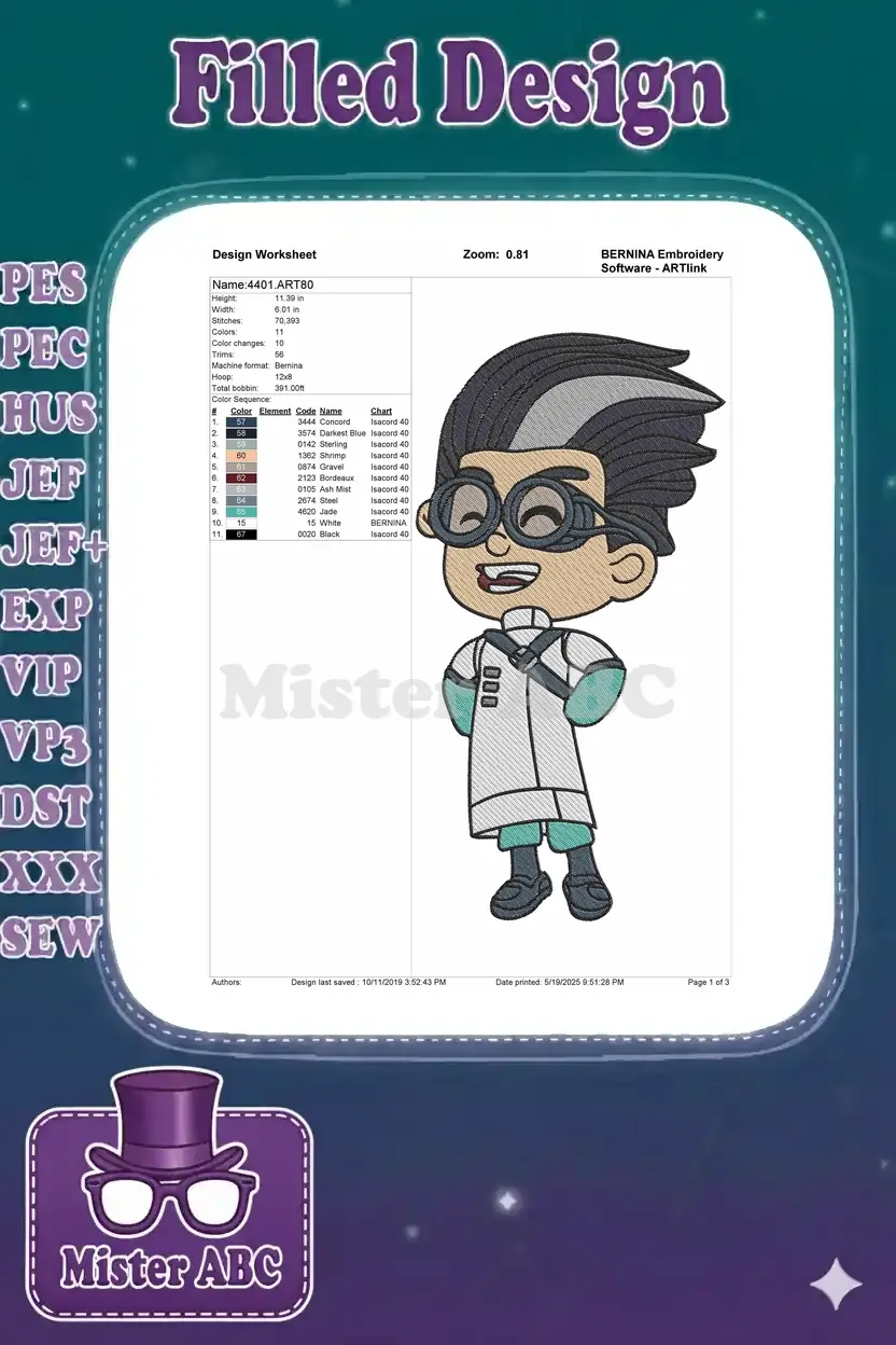 A detailed design worksheet for the Newton Star embroidery, showing stitch count, colors, and dimensions.