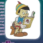 Pinocchio reading a book happy puppet classic cartoon embroidery designs - Instant Download
