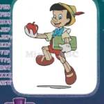 Cheerful Pinocchio puppet with apple and school book embroidery designs - Instant Download